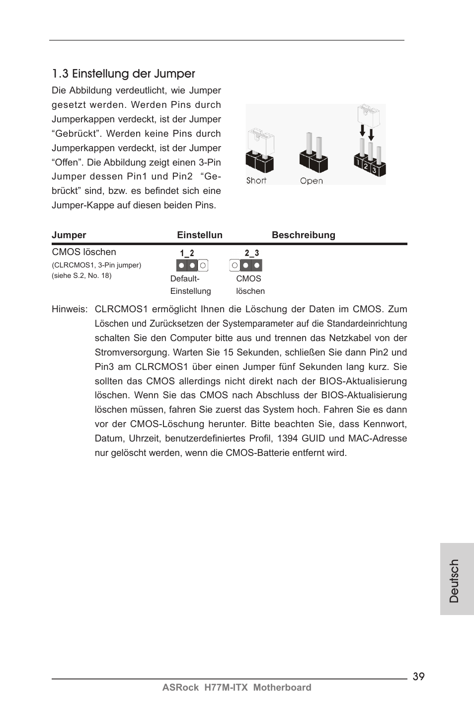 Deutsch 1.3 einstellung der jumper | ASRock H77M-ITX User Manual | Page 39 / 190