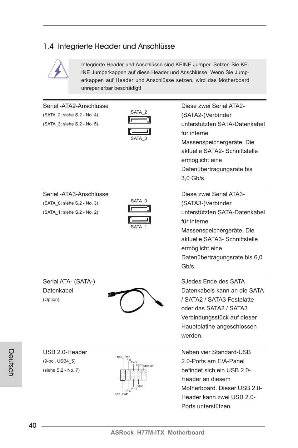 Deutsch, 4 integrierte header und anschlüsse | ASRock H77M-ITX User Manual | Page 40 / 190