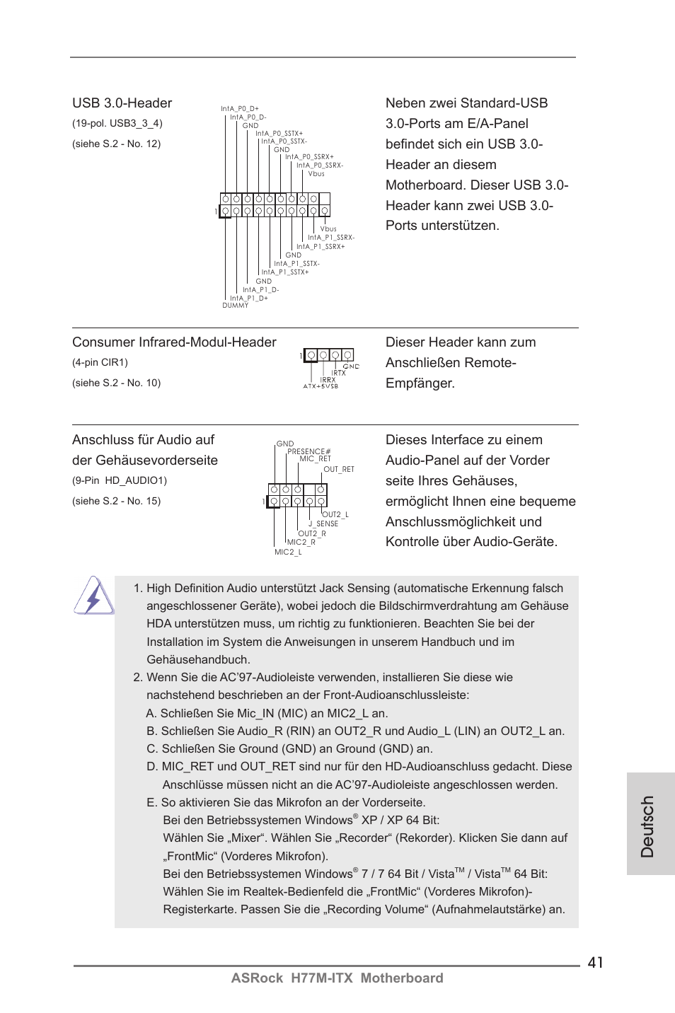 Deutsch, Asrock h77m-itx motherboard, Usb 3.0-header neben zwei standard-usb | Ports am e/a-panel, Seite ihres gehäuses, Anschließen remote, Empfänger | ASRock H77M-ITX User Manual | Page 41 / 190