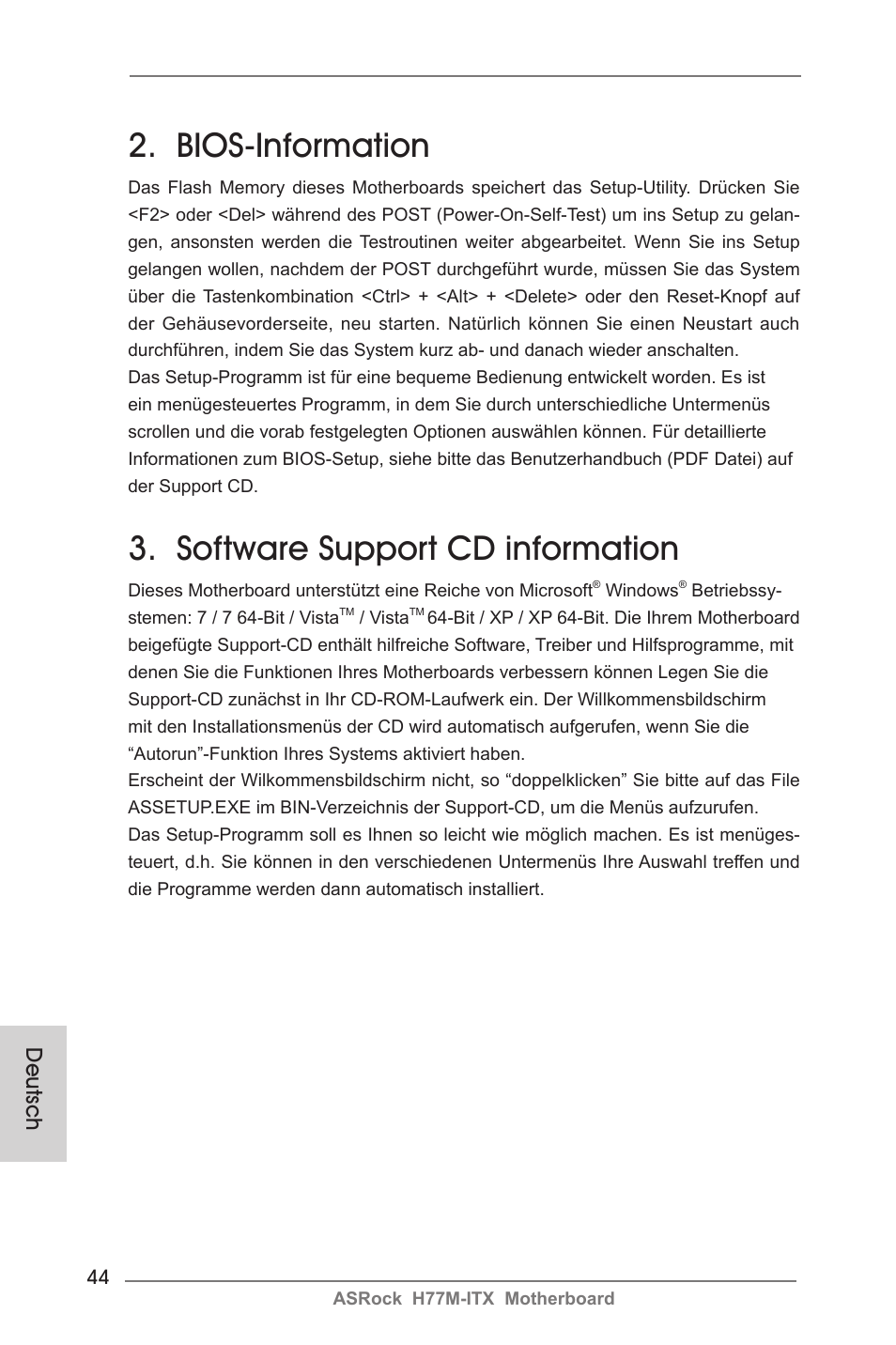 Bios-information, Software support cd information, Deutsch | ASRock H77M-ITX User Manual | Page 44 / 190