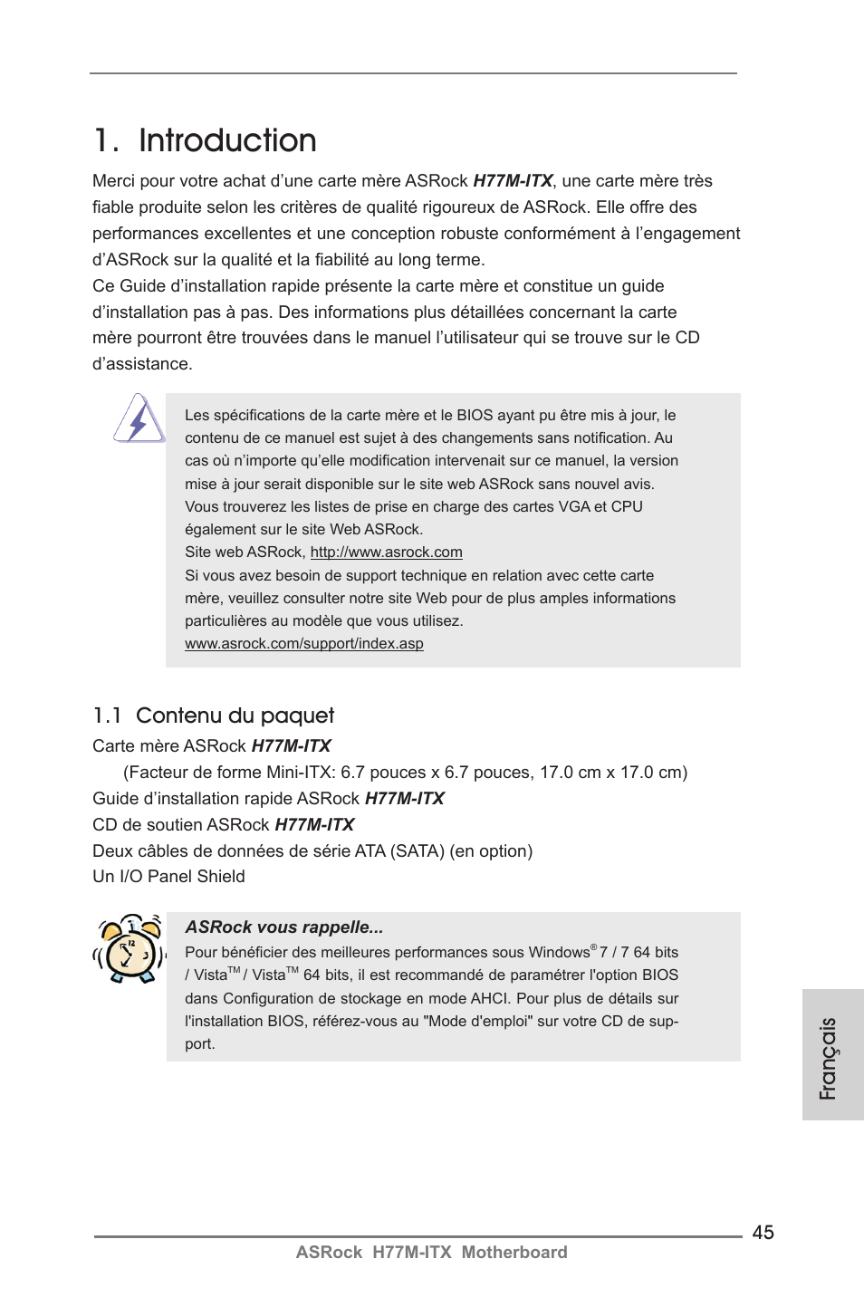 French, Introduction, Français | 1 contenu du paquet | ASRock H77M-ITX User Manual | Page 45 / 190