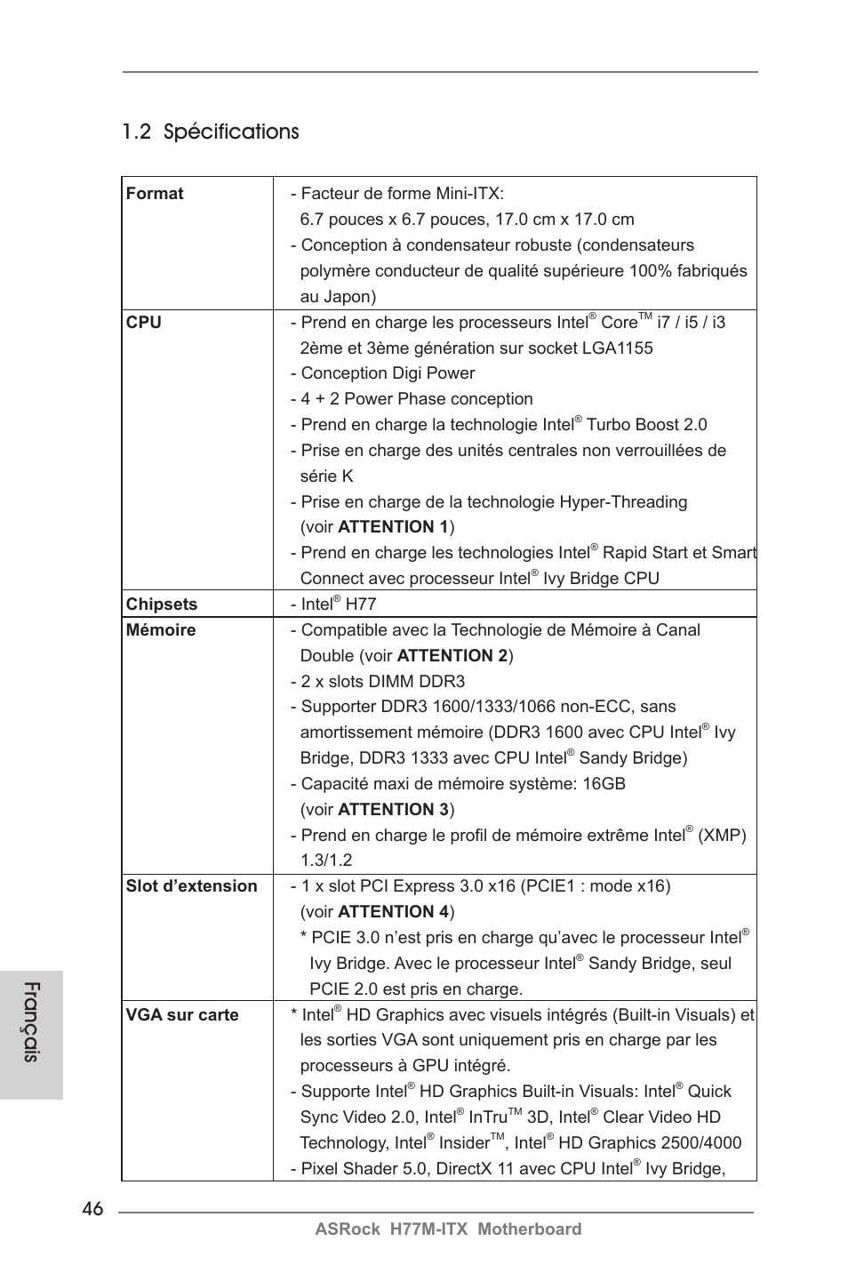 Français 1.2 spécifications | ASRock H77M-ITX User Manual | Page 46 / 190