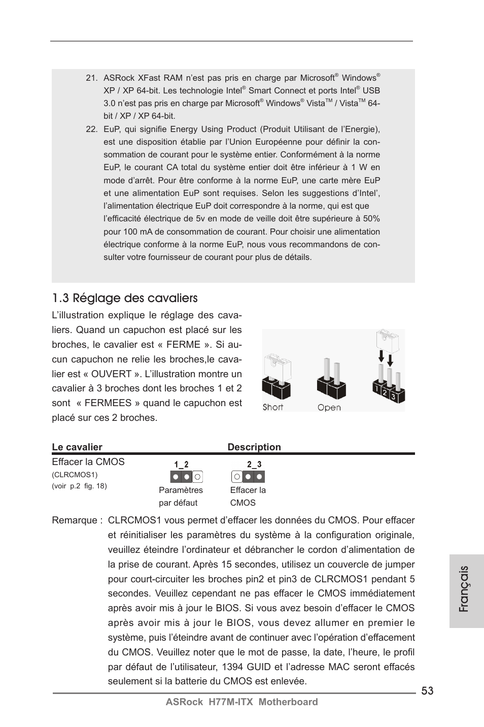 Français, 3 réglage des cavaliers | ASRock H77M-ITX User Manual | Page 53 / 190