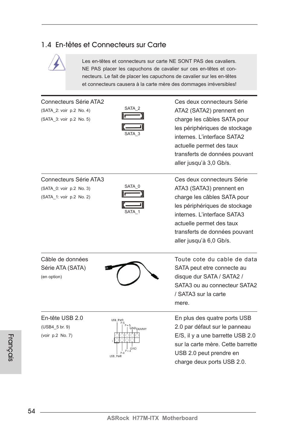 Français, 4 en-têtes et connecteurs sur carte | ASRock H77M-ITX User Manual | Page 54 / 190