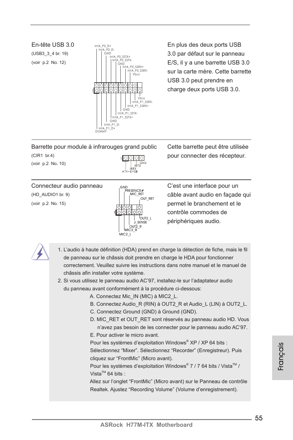 Français, Asrock h77m-itx motherboard, En-tête usb 3.0 en plus des deux ports usb | 0 par défaut sur le panneau, Câble avant audio en façade qui, Pour connecter des récepteur | ASRock H77M-ITX User Manual | Page 55 / 190