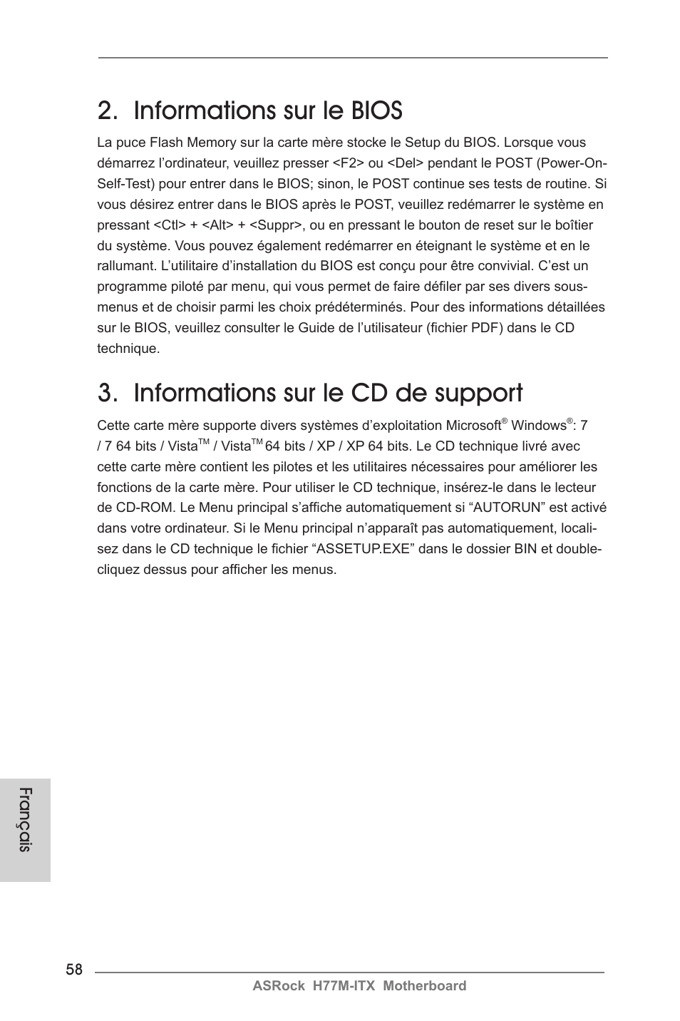 Informations sur le bios, Informations sur le cd de support, Français | ASRock H77M-ITX User Manual | Page 58 / 190