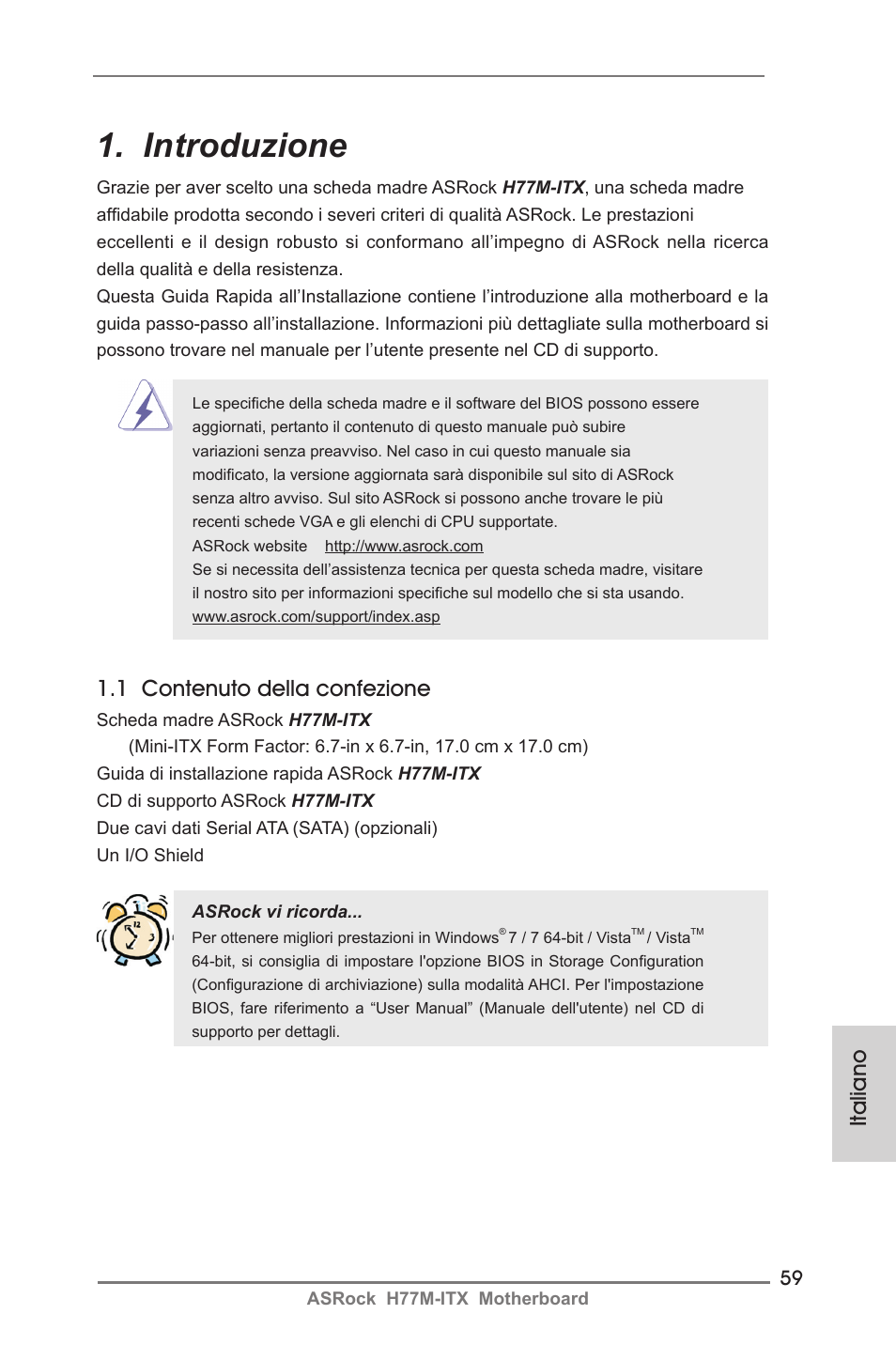 Italian, Introduzione, Italiano | 1 contenuto della confezione | ASRock H77M-ITX User Manual | Page 59 / 190