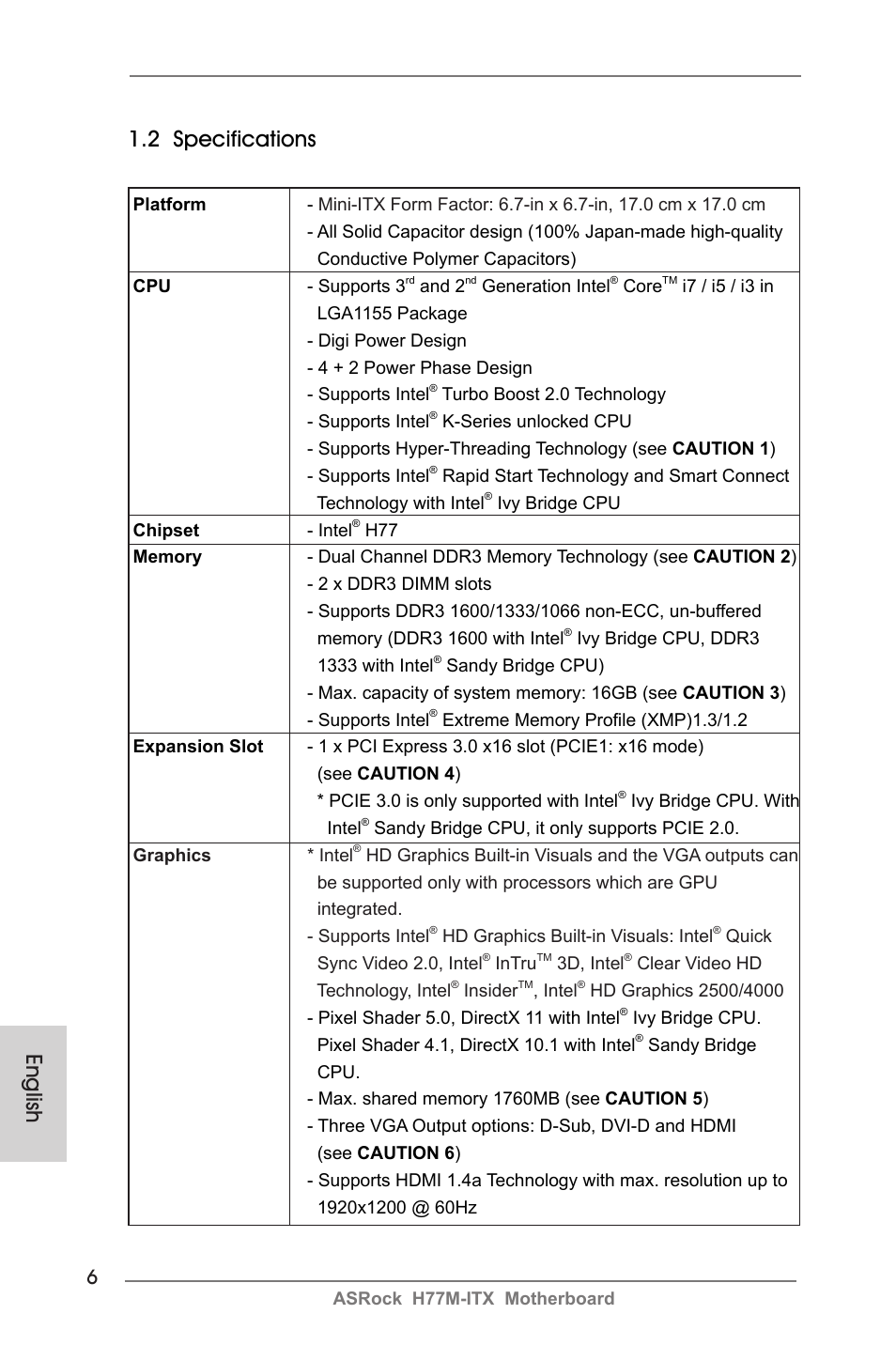 English 1.2 specifications | ASRock H77M-ITX User Manual | Page 6 / 190