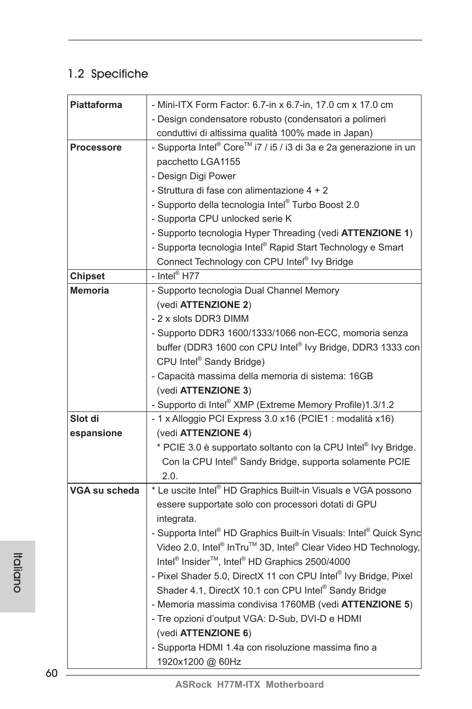 Italiano 1.2 specifiche | ASRock H77M-ITX User Manual | Page 60 / 190