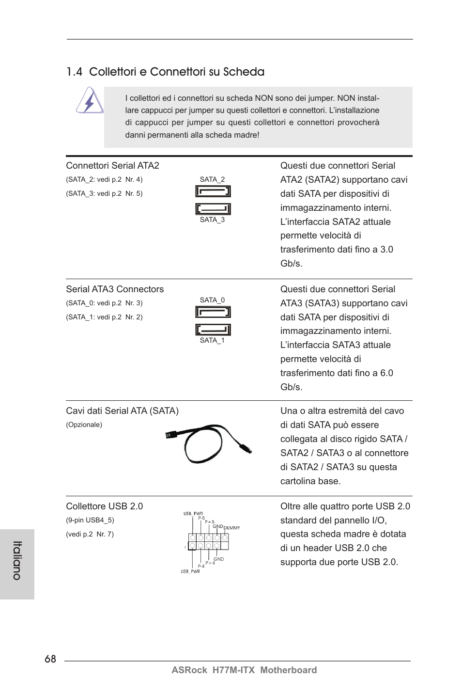 Italiano 1.4 collettori e connettori su scheda | ASRock H77M-ITX User Manual | Page 68 / 190