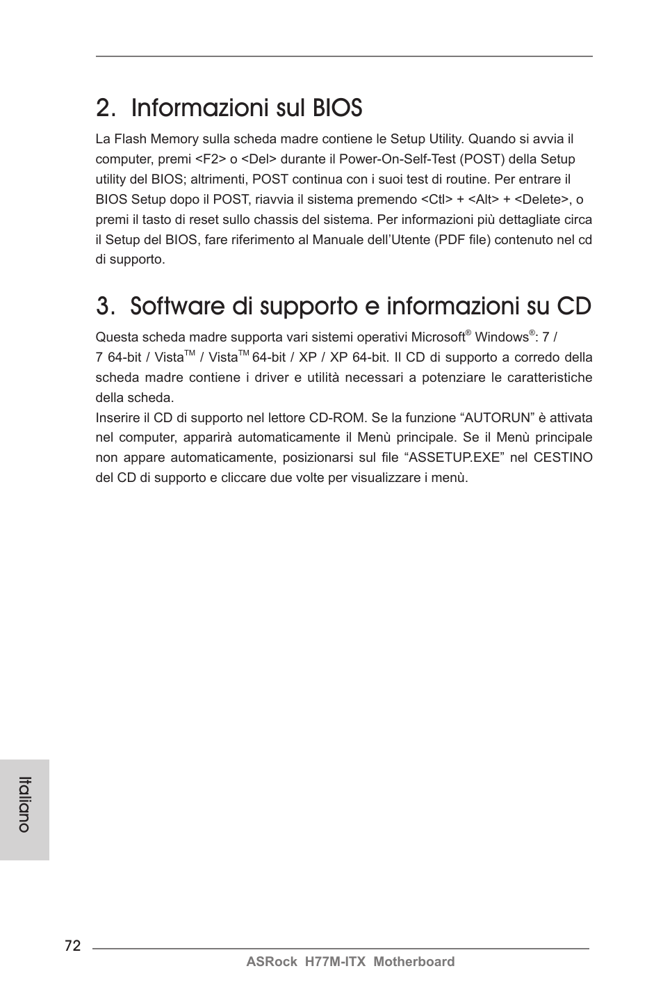 Informazioni sul bios, Software di supporto e informazioni su cd, Italiano | ASRock H77M-ITX User Manual | Page 72 / 190