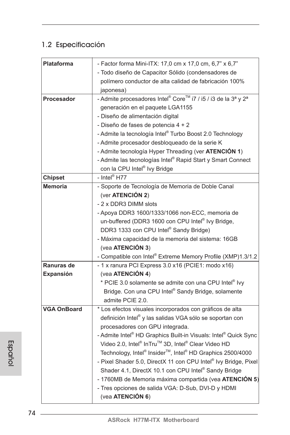 Español 1.2 especificación | ASRock H77M-ITX User Manual | Page 74 / 190