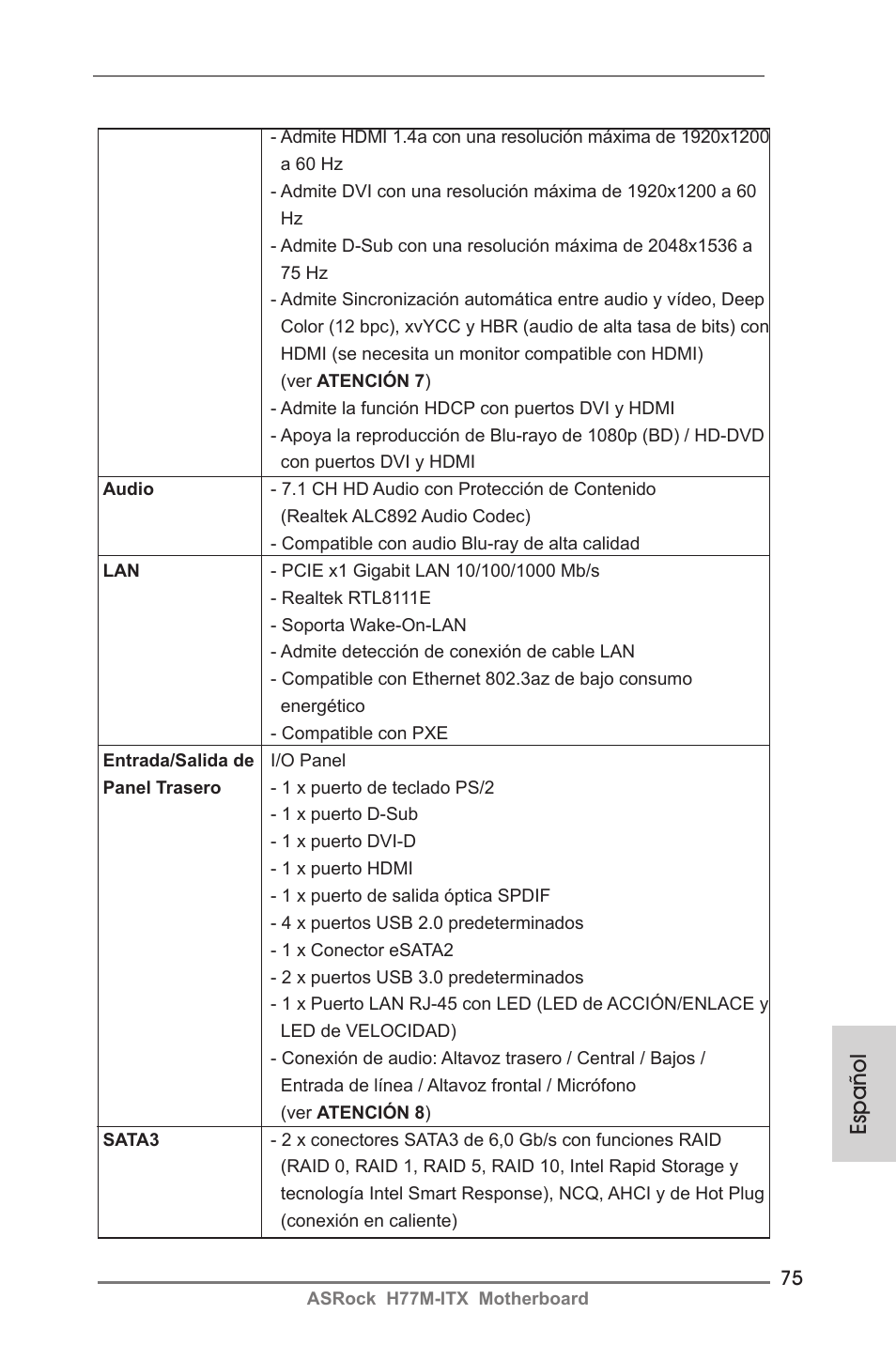 Español | ASRock H77M-ITX User Manual | Page 75 / 190