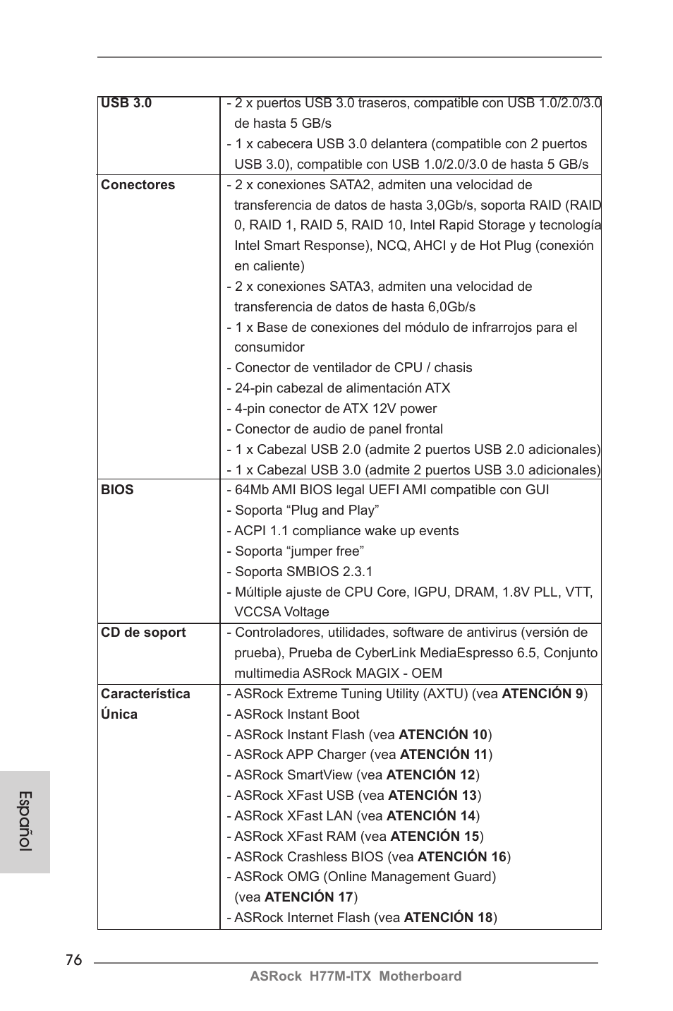 Español | ASRock H77M-ITX User Manual | Page 76 / 190