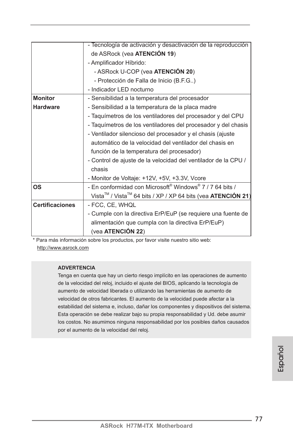 Español | ASRock H77M-ITX User Manual | Page 77 / 190