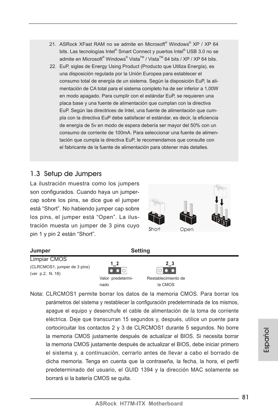 Español, 3 setup de jumpers | ASRock H77M-ITX User Manual | Page 81 / 190