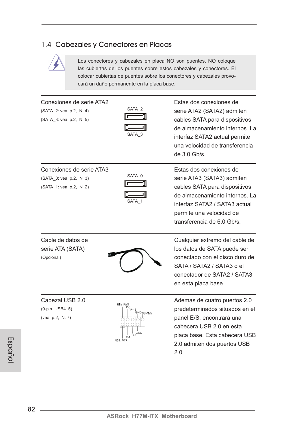 Español 1.4 cabezales y conectores en placas | ASRock H77M-ITX User Manual | Page 82 / 190