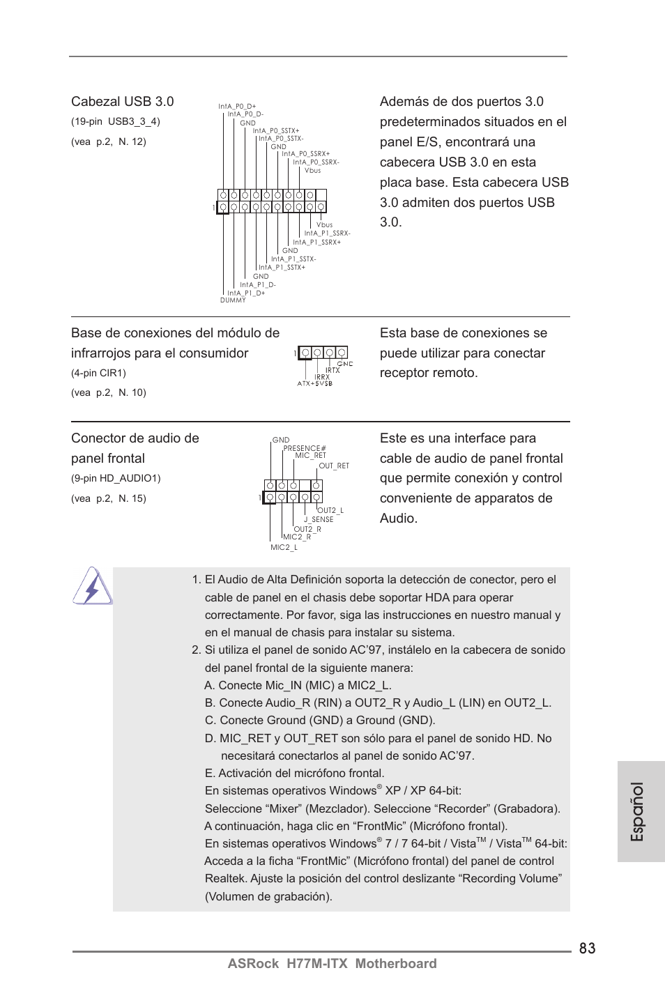 Español, Asrock h77m-itx motherboard, Cabezal usb 3.0 además de dos puertos 3.0 | Predeterminados situados en el, Que permite conexión y control, Conveniente de apparatos de audio, Receptor remoto | ASRock H77M-ITX User Manual | Page 83 / 190