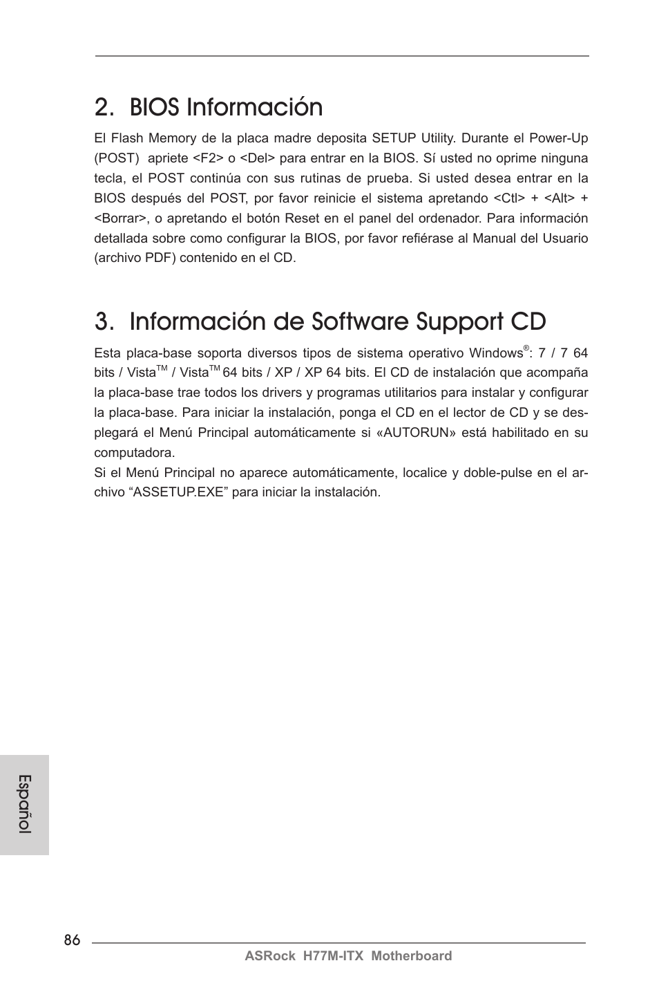 Bios información, Información de software support cd, Español | ASRock H77M-ITX User Manual | Page 86 / 190