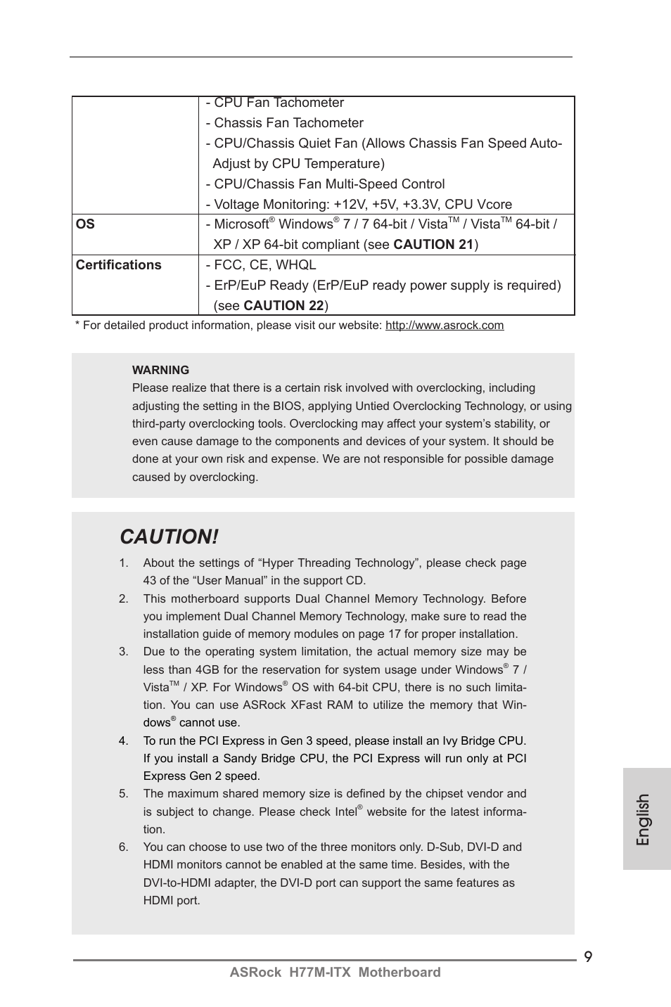 Caution, English | ASRock H77M-ITX User Manual | Page 9 / 190