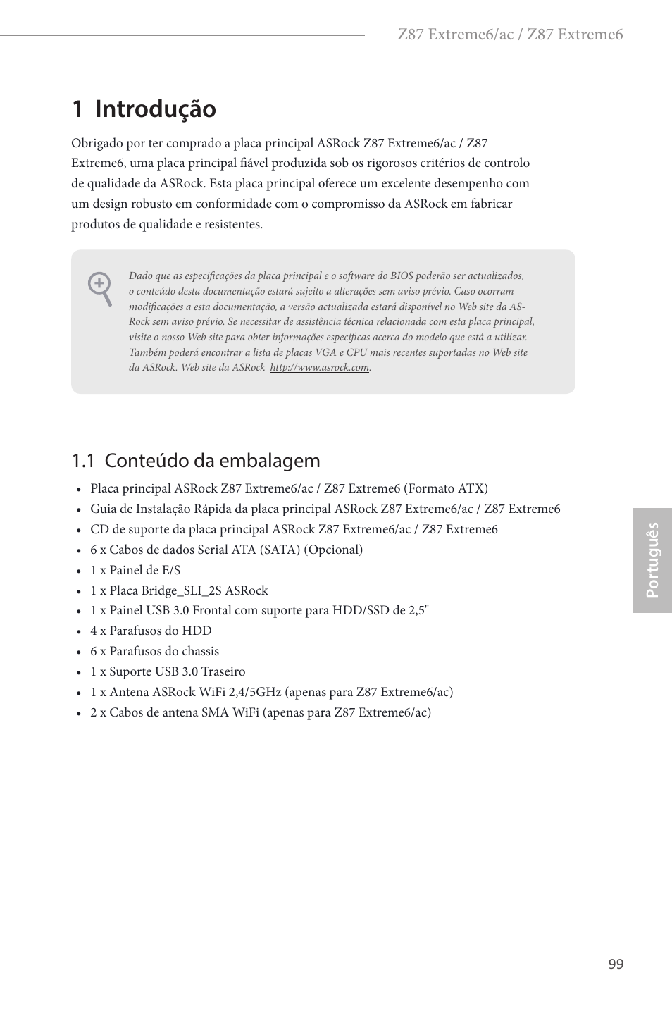 Portuguese, 1 introdução, 1 conteúdo da embalagem | ASRock Z87 Extreme6 User Manual | Page 101 / 196