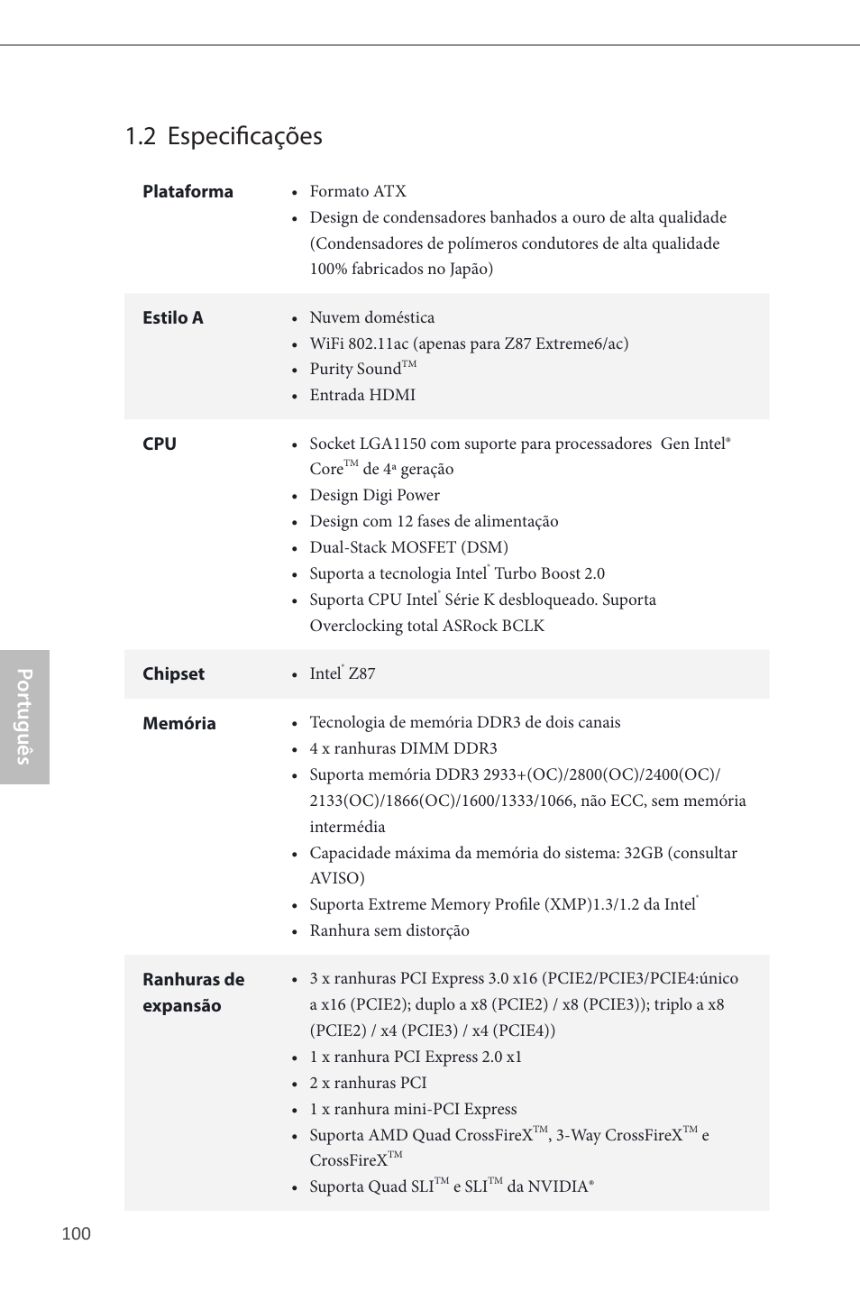 2 especificações, Por tuguês | ASRock Z87 Extreme6 User Manual | Page 102 / 196