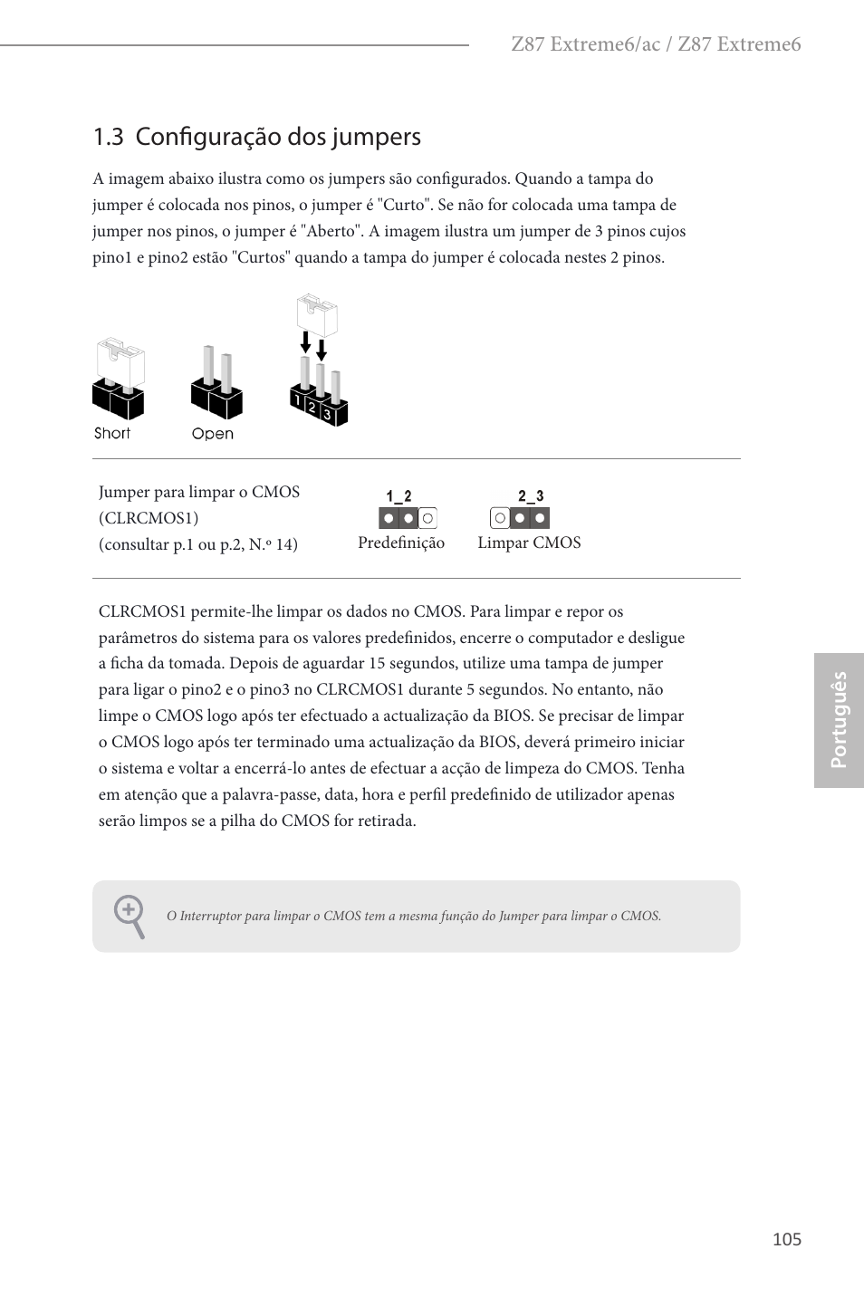 3 configuração dos jumpers | ASRock Z87 Extreme6 User Manual | Page 107 / 196