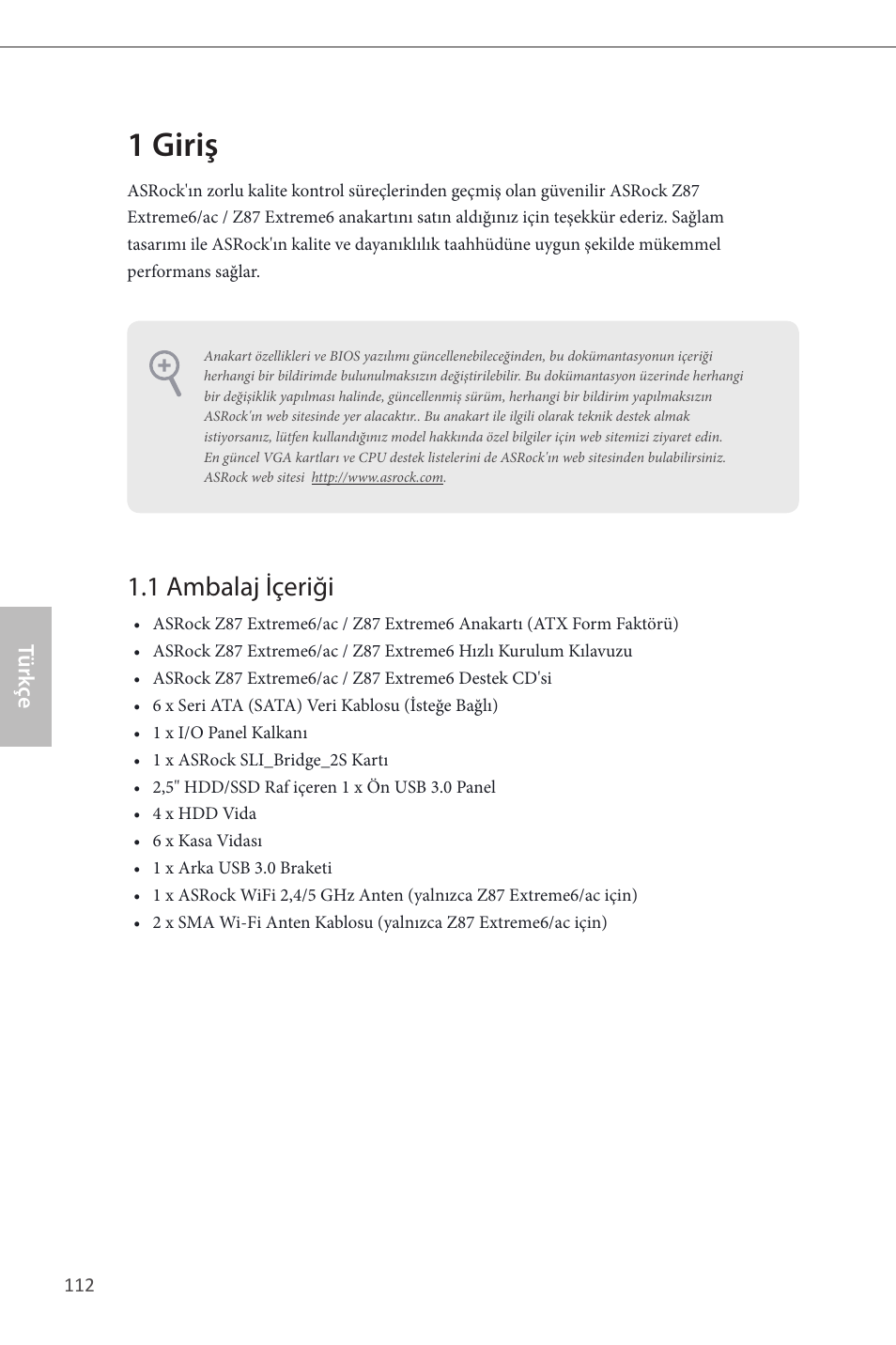 Turkish, 1 giriş, 1 ambalaj içeriği | ASRock Z87 Extreme6 User Manual | Page 114 / 196