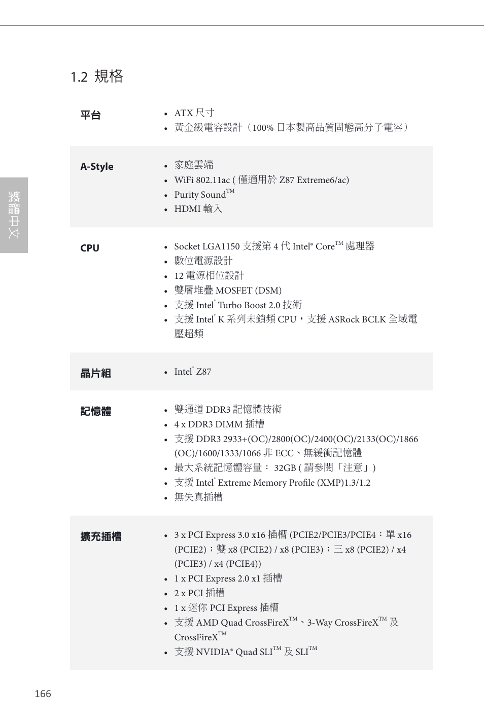 2 規格, 繁體中文 | ASRock Z87 Extreme6 User Manual | Page 168 / 196