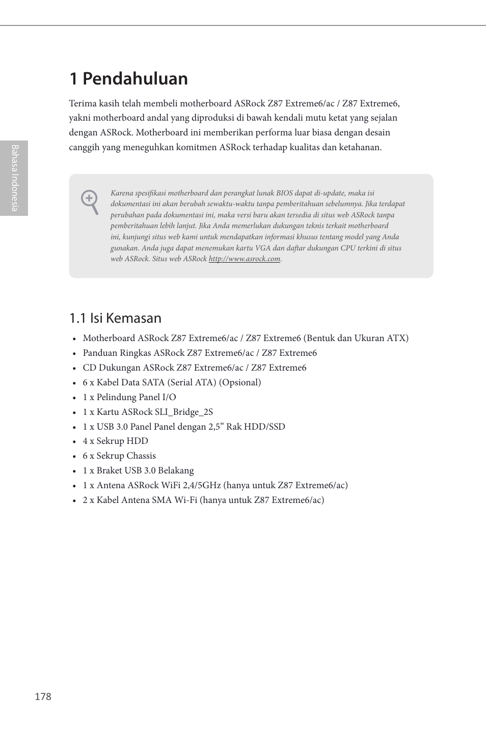 Indonesian, 1 pendahuluan, 1 isi kemasan | ASRock Z87 Extreme6 User Manual | Page 180 / 196