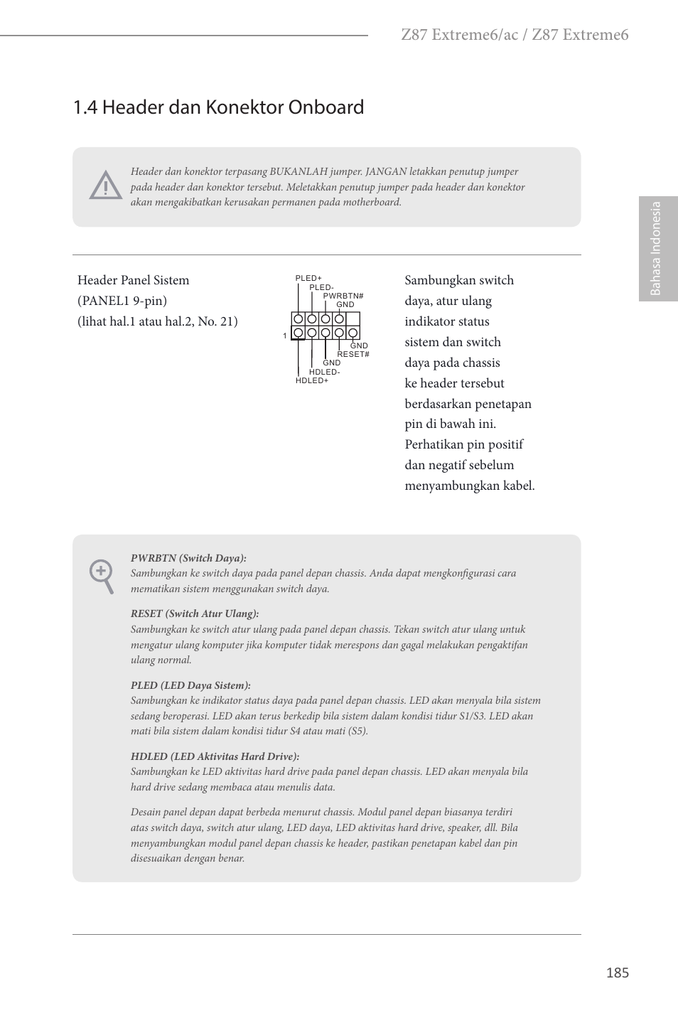 4 header dan konektor onboard, Bahasa i ndonesia | ASRock Z87 Extreme6 User Manual | Page 187 / 196