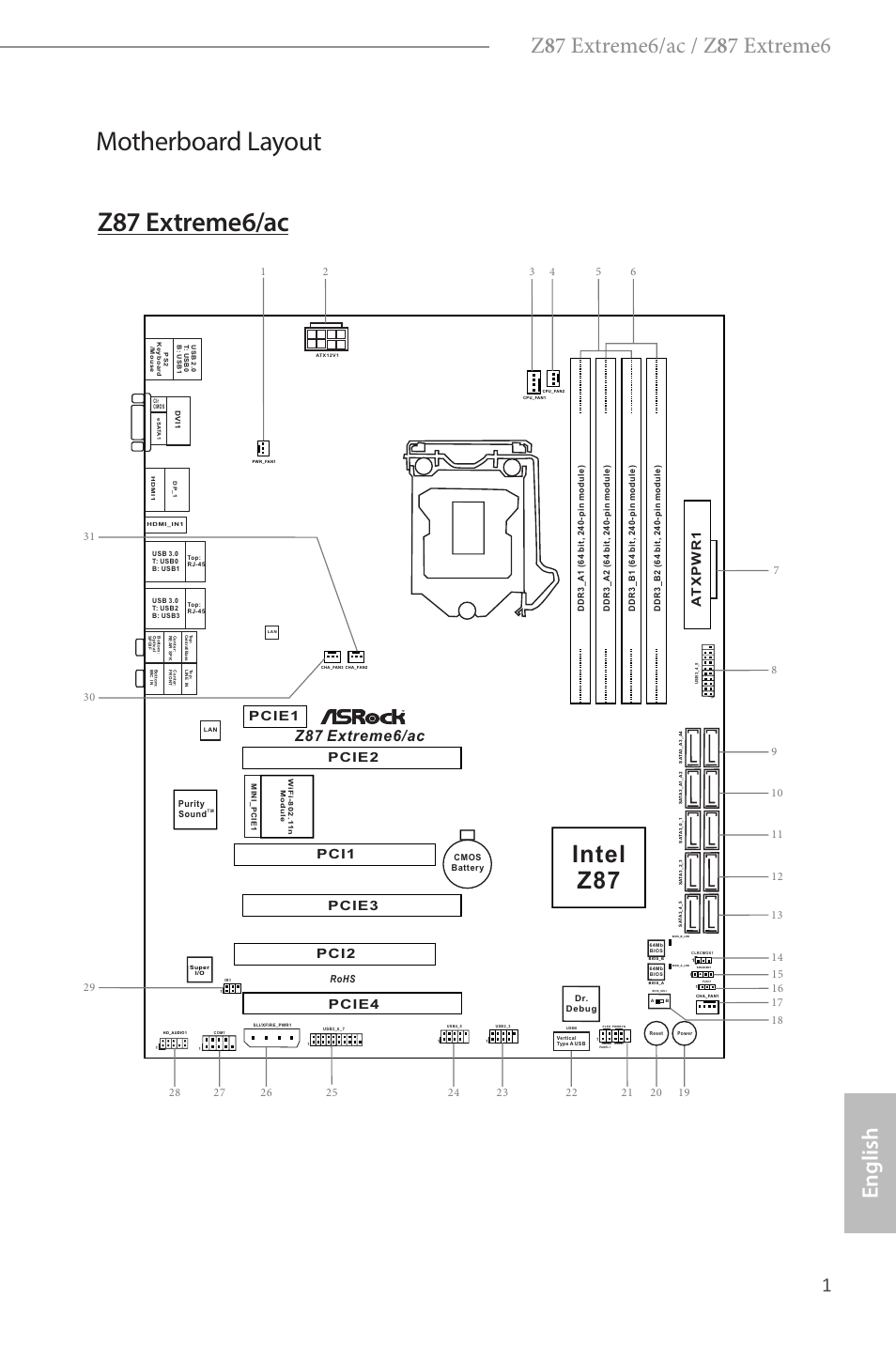 Z87 extreme6/ac motherboard layout, Intel z87, Pb 1 | Z87 extreme6/ac, Pcie2, Pcie3, Pcie4, Pcie1, Pci1 pci2, Rohs | ASRock Z87 Extreme6 User Manual | Page 3 / 196