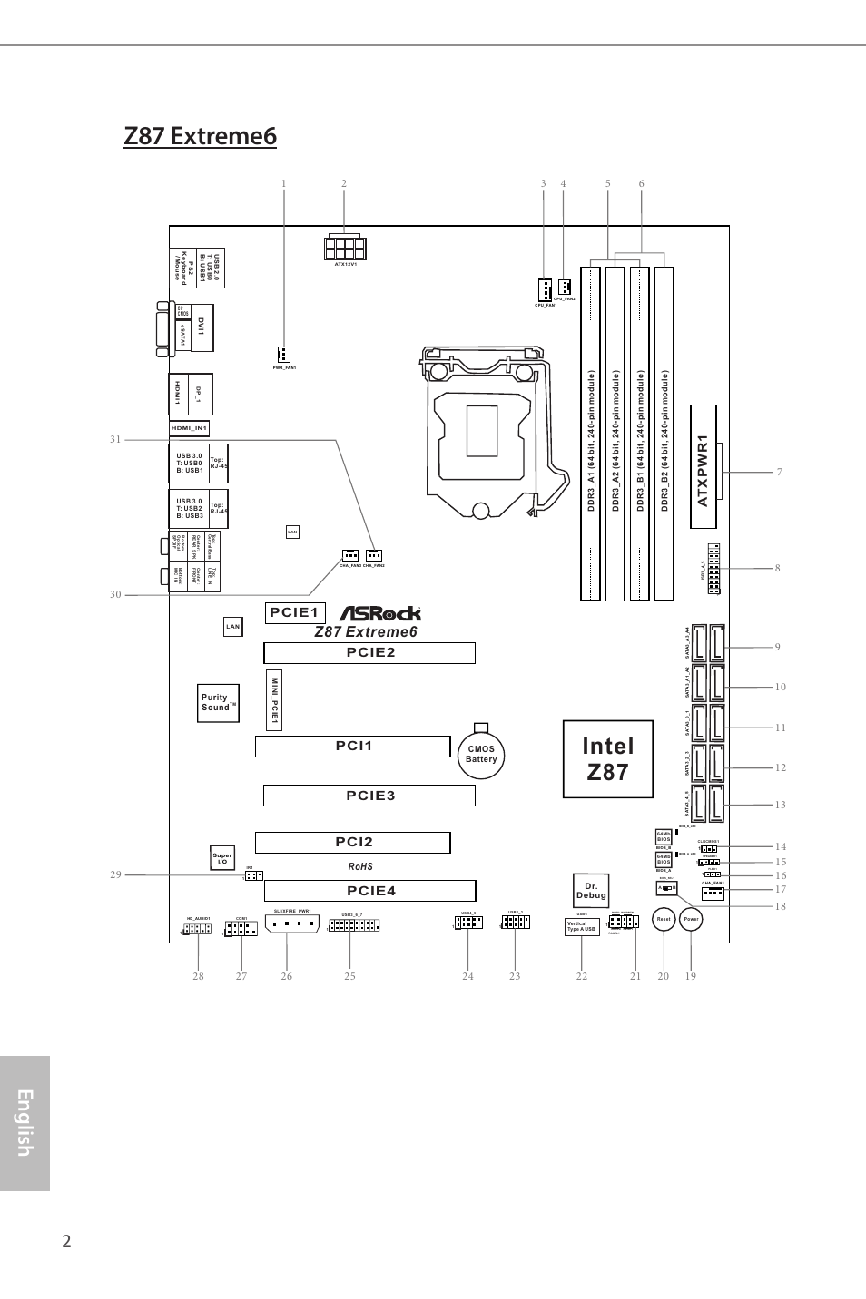 Intel z87, Z87 extreme6, Pcie2 | Pcie3, Pcie4, Pcie1, Pci1 pci2, Rohs | ASRock Z87 Extreme6 User Manual | Page 4 / 196