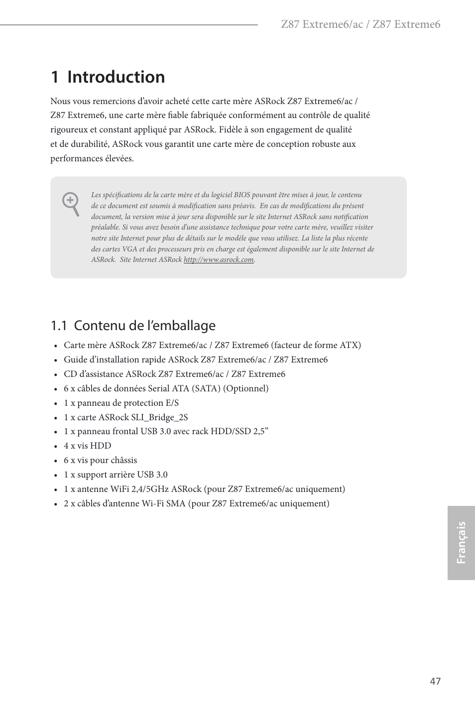 French, 1 introduction, 1 contenu de l’emballage | ASRock Z87 Extreme6 User Manual | Page 49 / 196