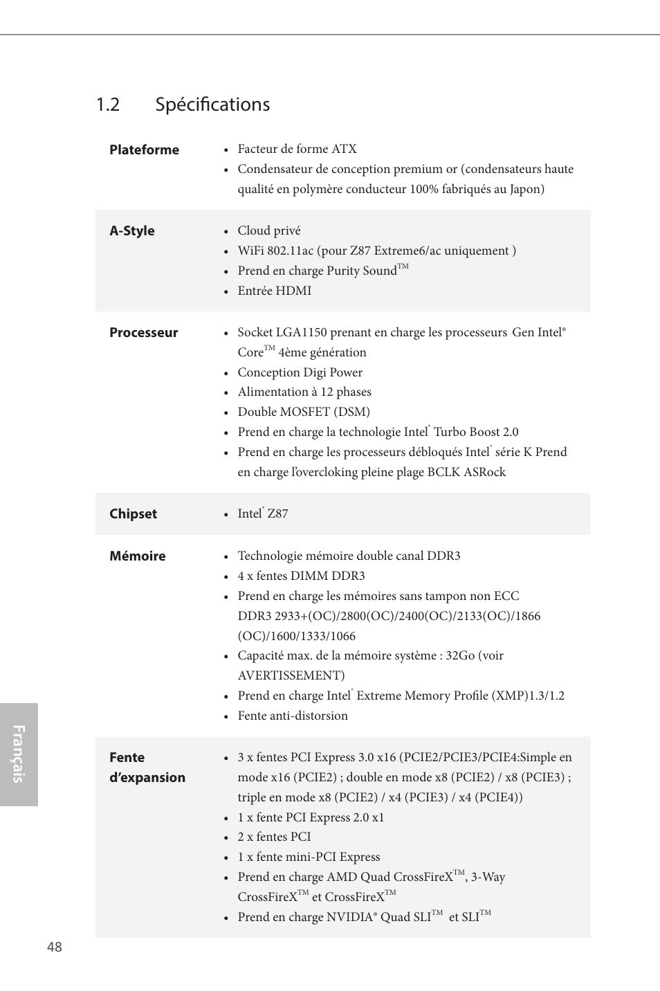 2 spécifications, Fr ançais français | ASRock Z87 Extreme6 User Manual | Page 50 / 196