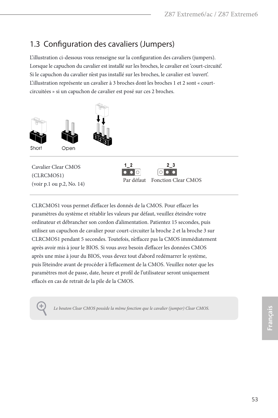 3 configuration des cavaliers (jumpers) | ASRock Z87 Extreme6 User Manual | Page 55 / 196