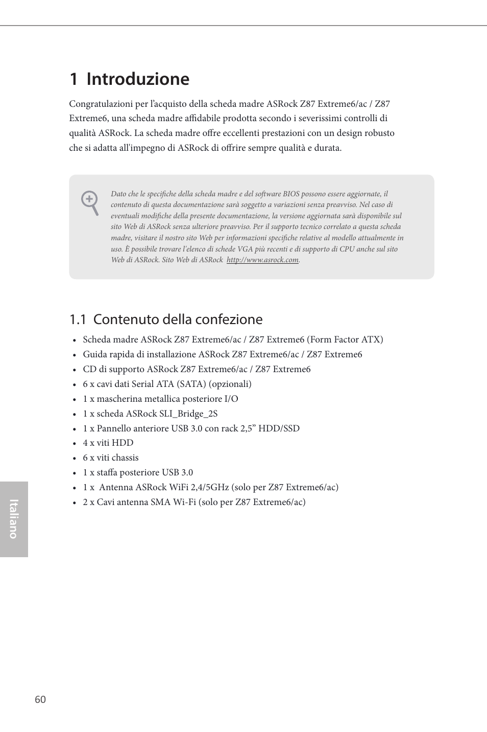 Italian, 1 introduzione, 1 contenuto della confezione | ASRock Z87 Extreme6 User Manual | Page 62 / 196