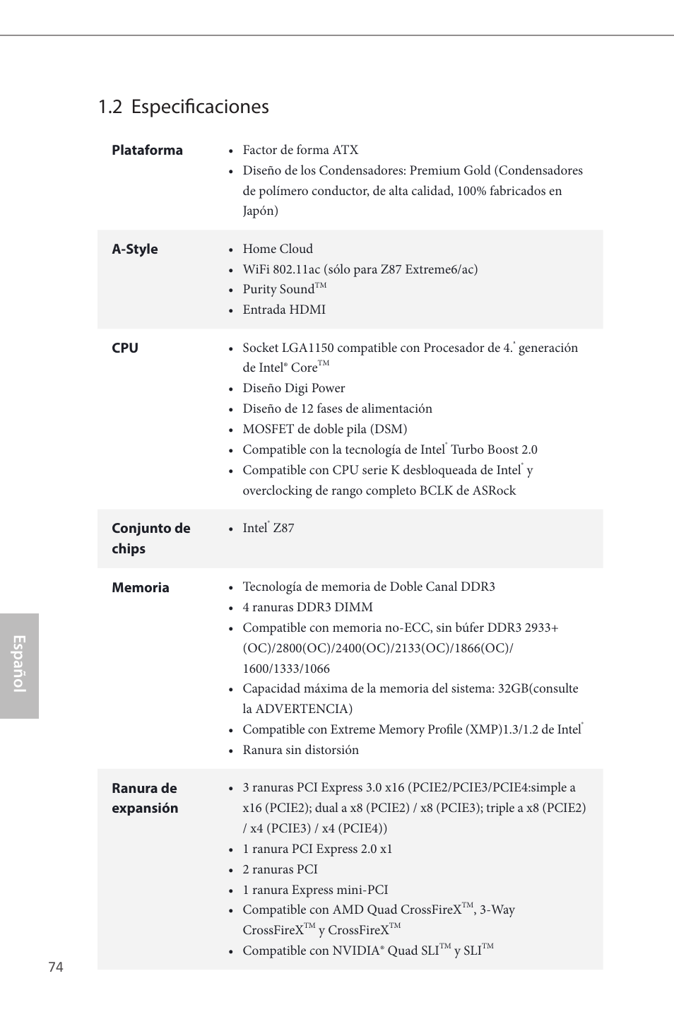 2 especificaciones, Español | ASRock Z87 Extreme6 User Manual | Page 76 / 196