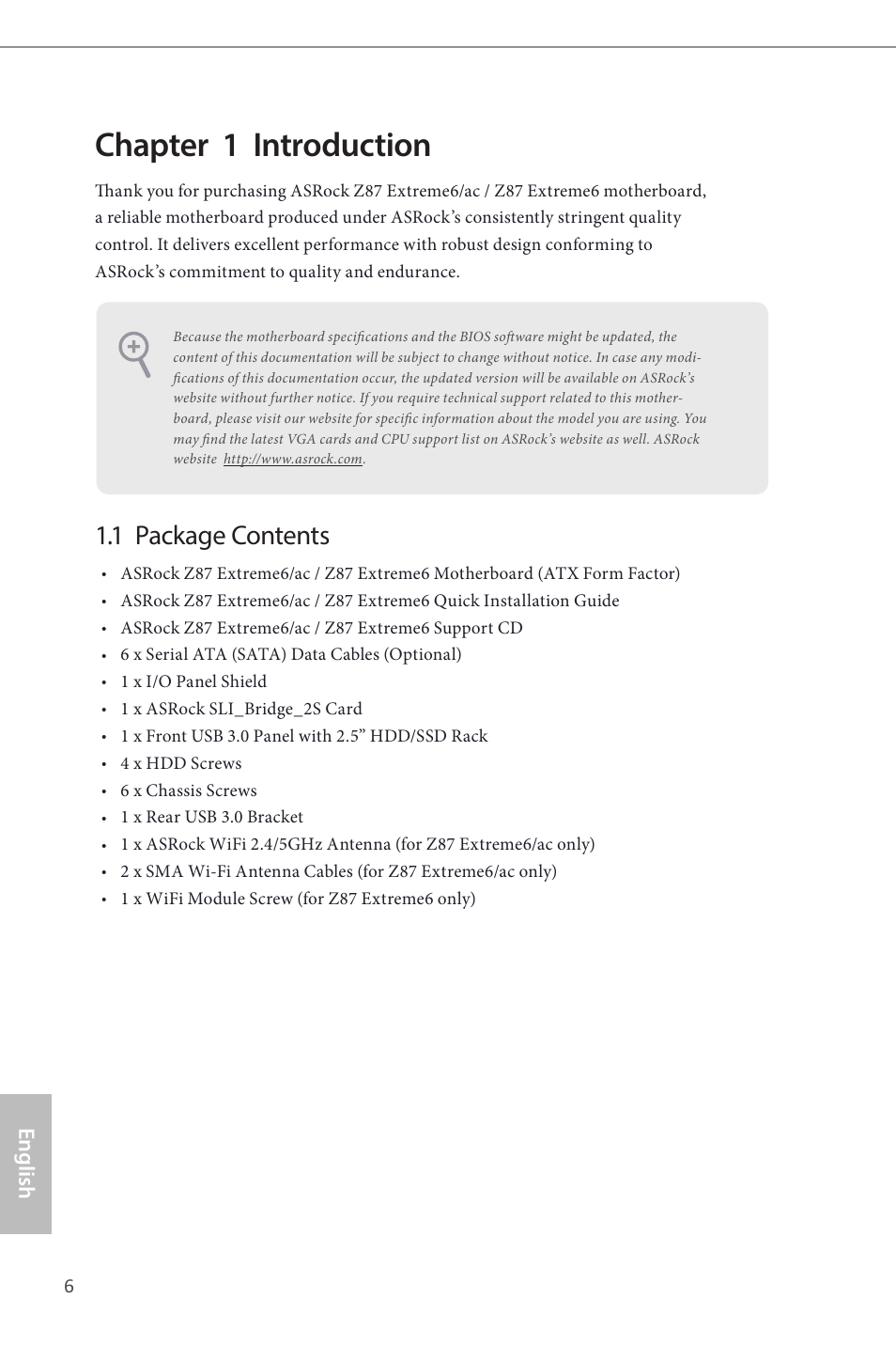 Chapter 1 introduction, 1 package contents | ASRock Z87 Extreme6 User Manual | Page 8 / 196