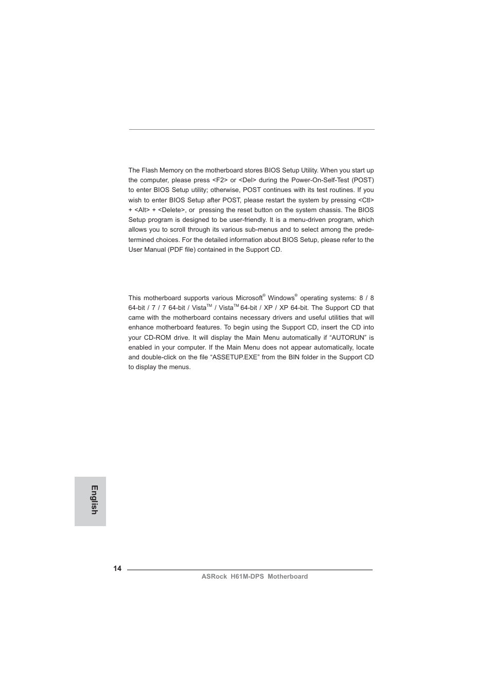 Bios information, Software support cd information, English | ASRock H61M-DPS User Manual | Page 14 / 51