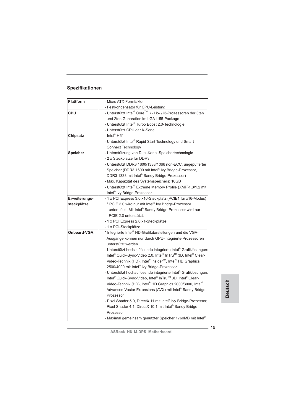 German, Spezifi kationen, Deutsch | ASRock H61M-DPS User Manual | Page 15 / 51