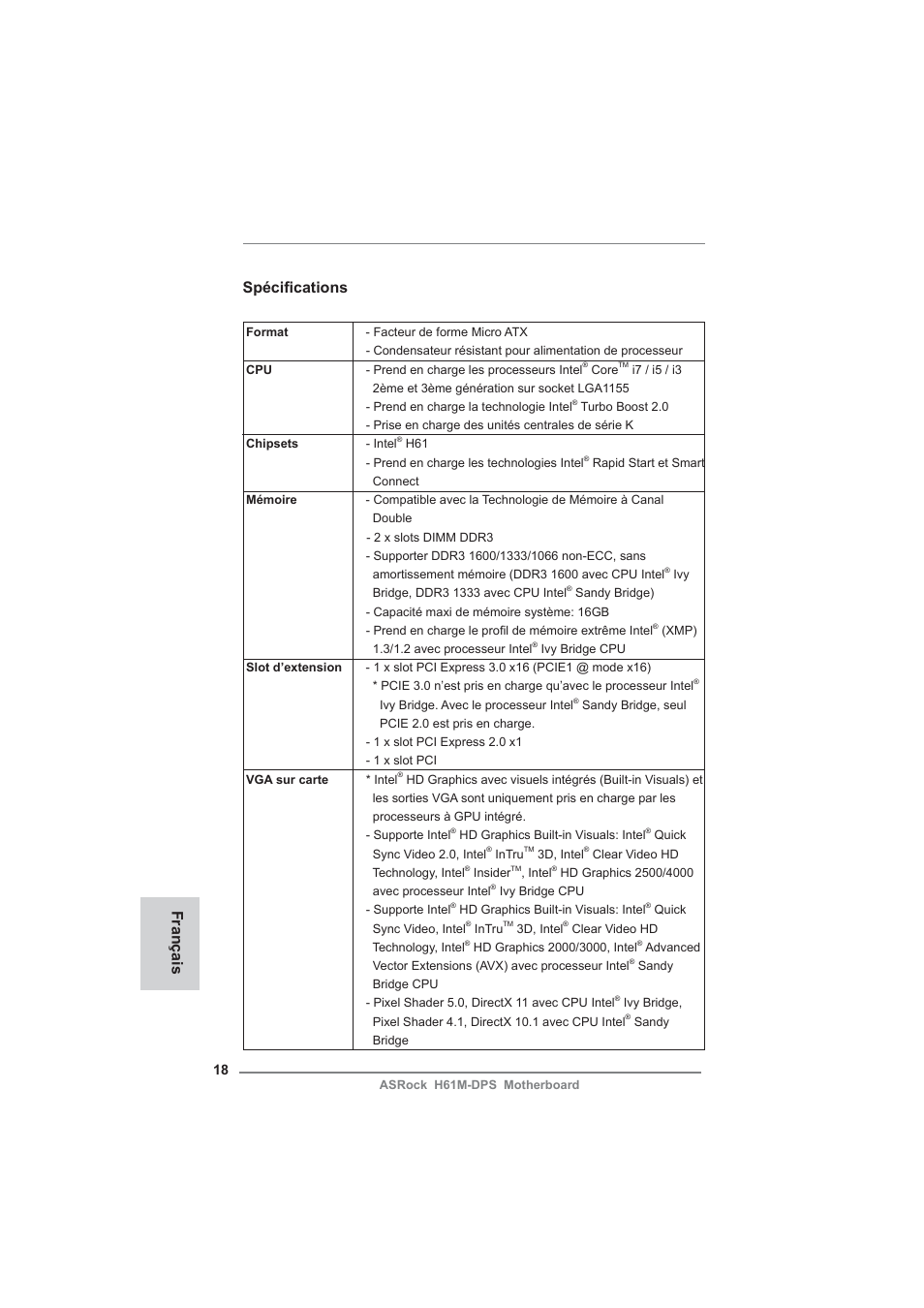 French, Spécifi cations, Français | ASRock H61M-DPS User Manual | Page 18 / 51
