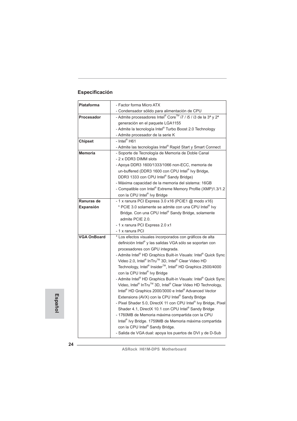 Spanish, Especifi cación, Español | ASRock H61M-DPS User Manual | Page 24 / 51