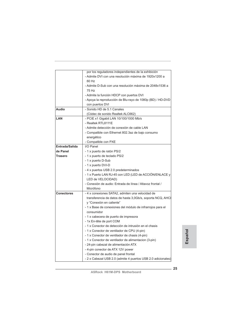 Español | ASRock H61M-DPS User Manual | Page 25 / 51