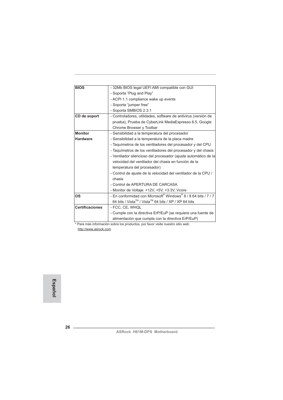 Español | ASRock H61M-DPS User Manual | Page 26 / 51