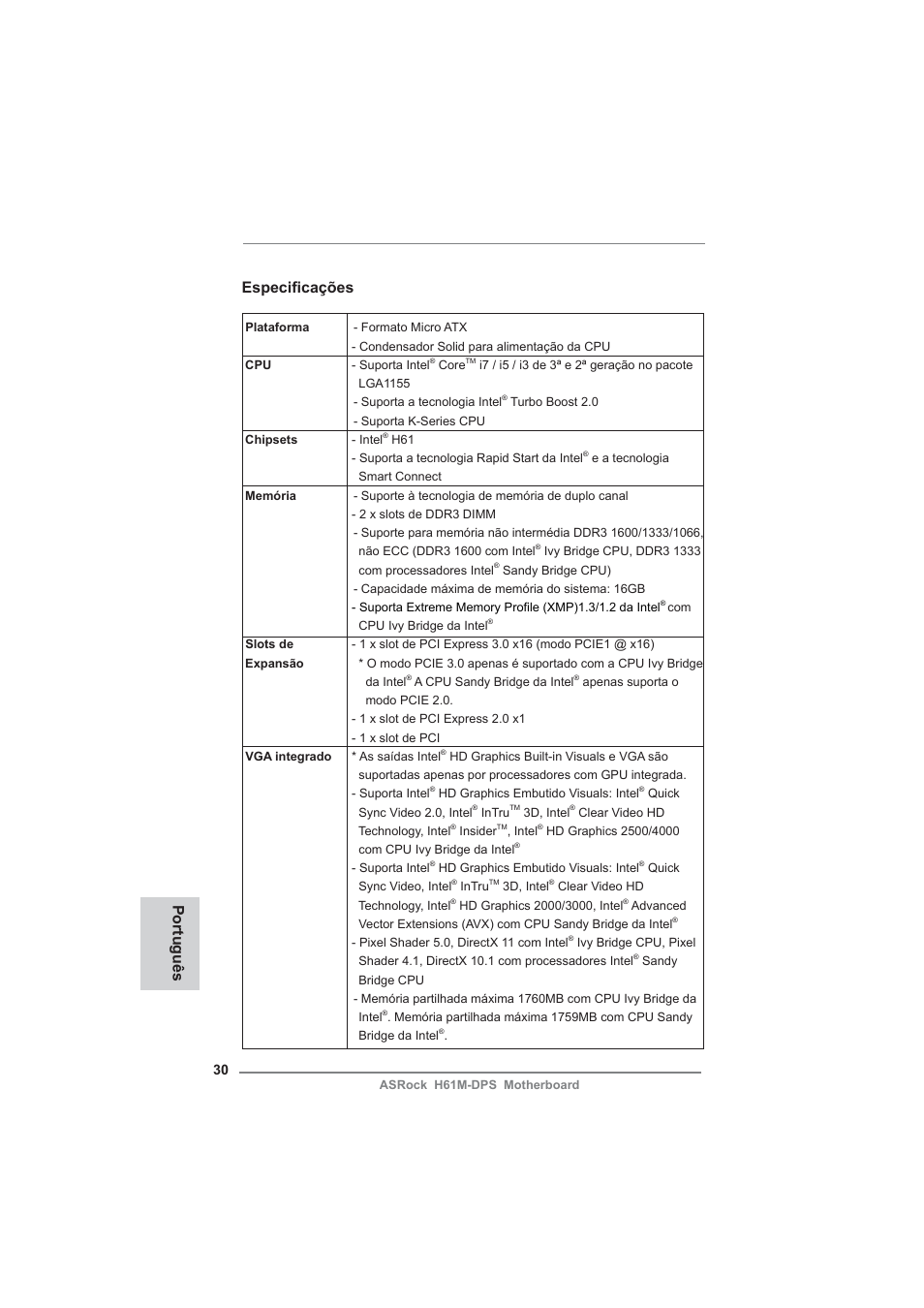 Portuguese, Especifi cações, Português | ASRock H61M-DPS User Manual | Page 30 / 51