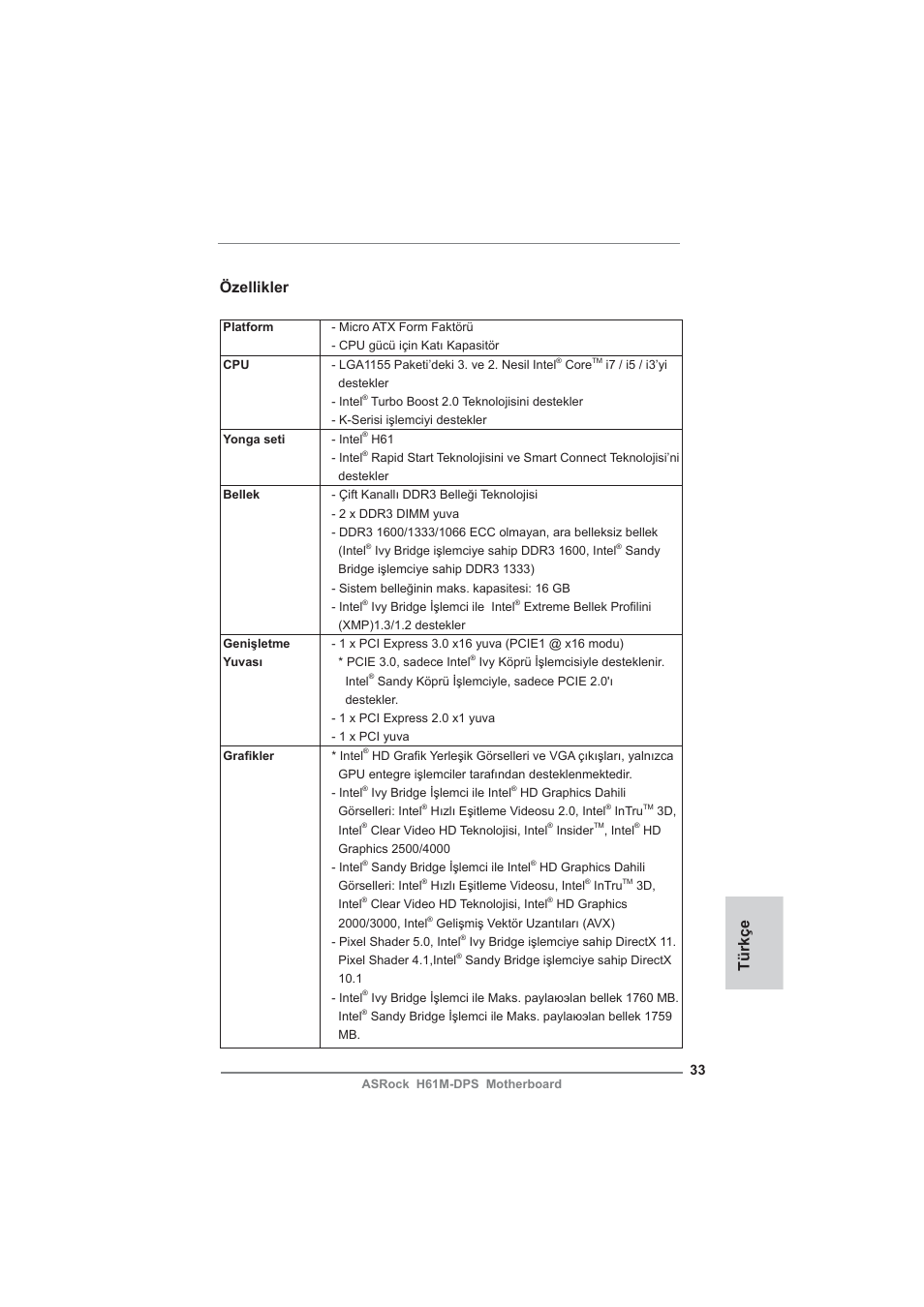 Turkish, Özellikler, Türkçe | ASRock H61M-DPS User Manual | Page 33 / 51