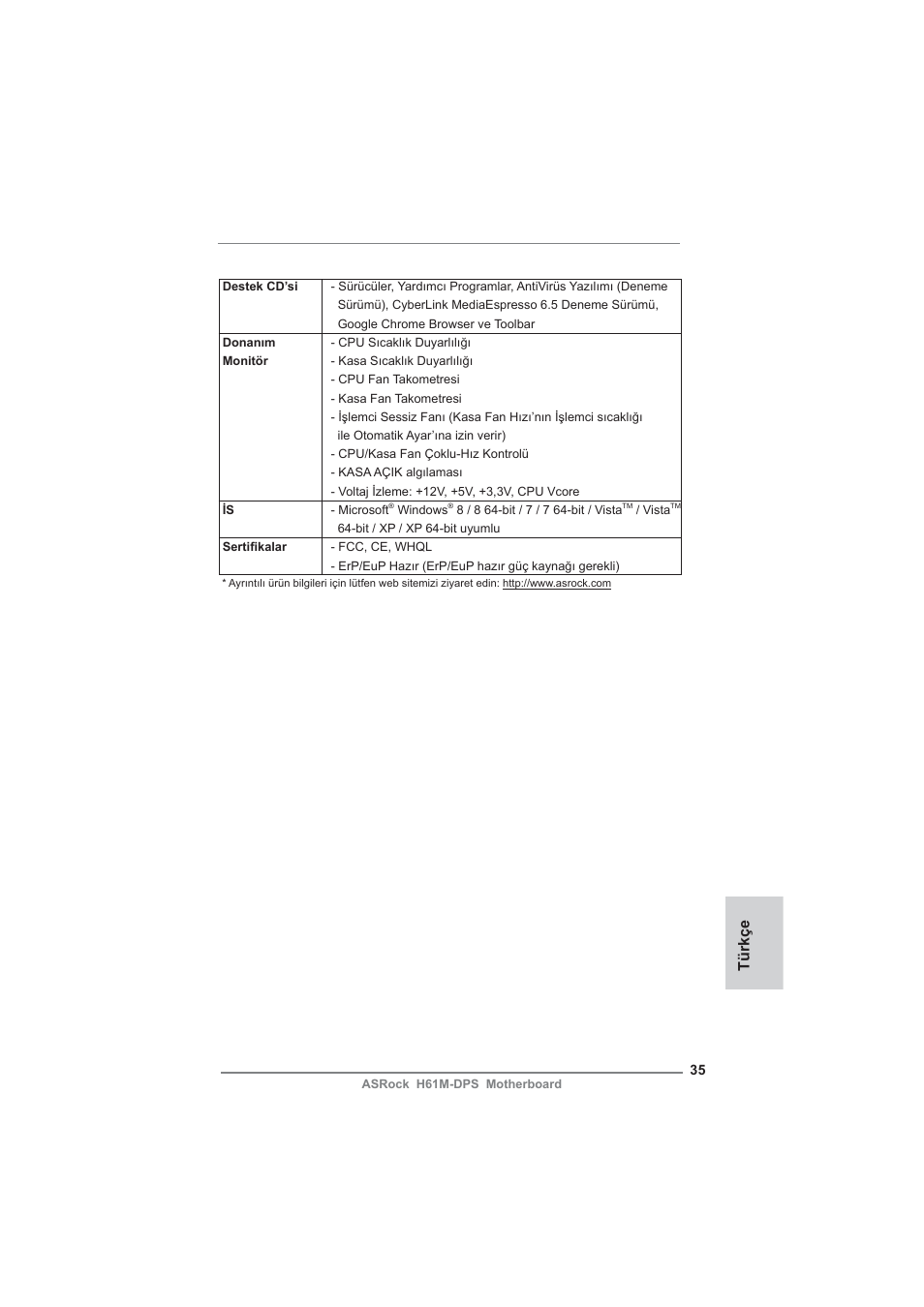 Türkçe | ASRock H61M-DPS User Manual | Page 35 / 51
