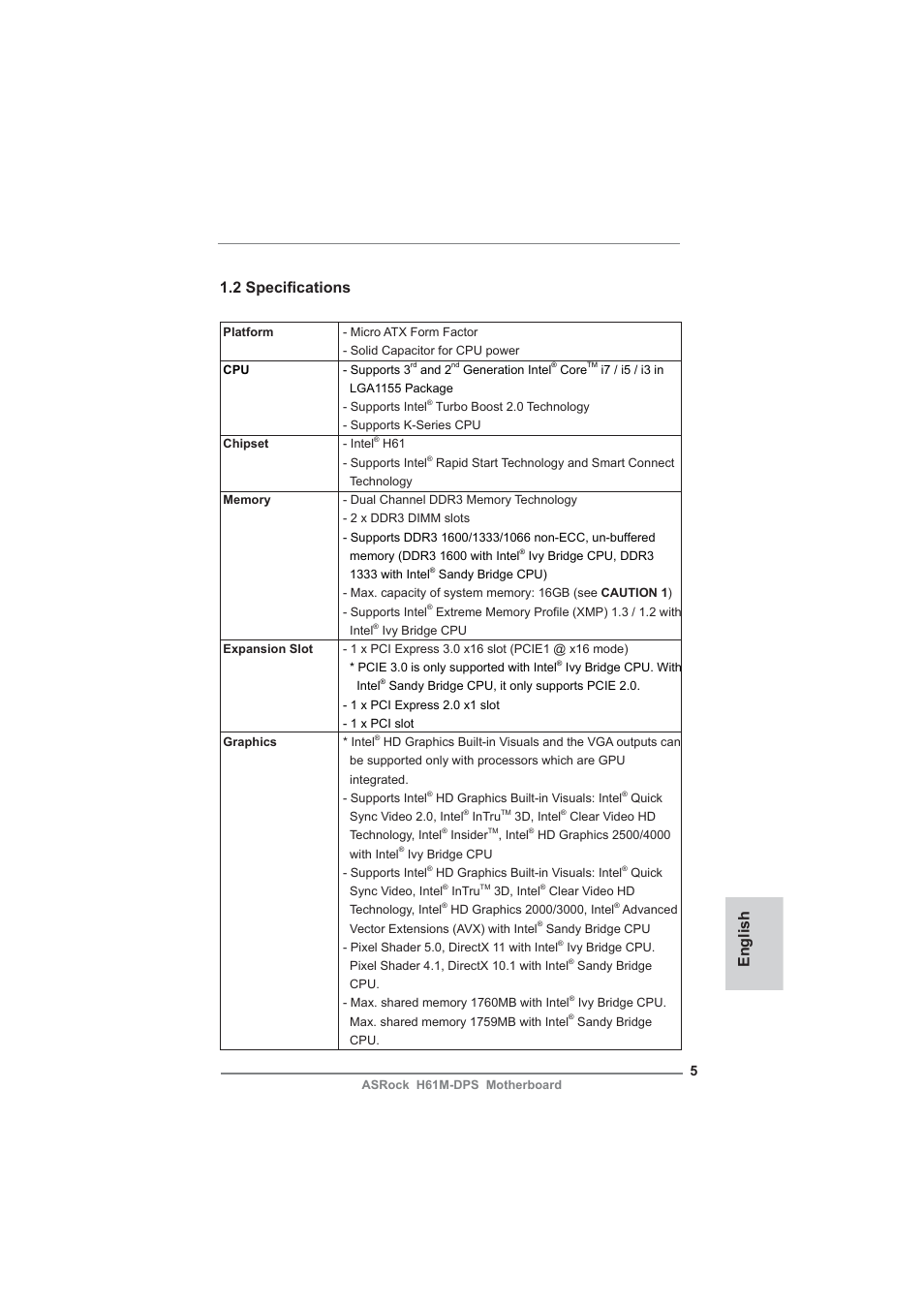 English 1.2 specifi cations | ASRock H61M-DPS User Manual | Page 5 / 51