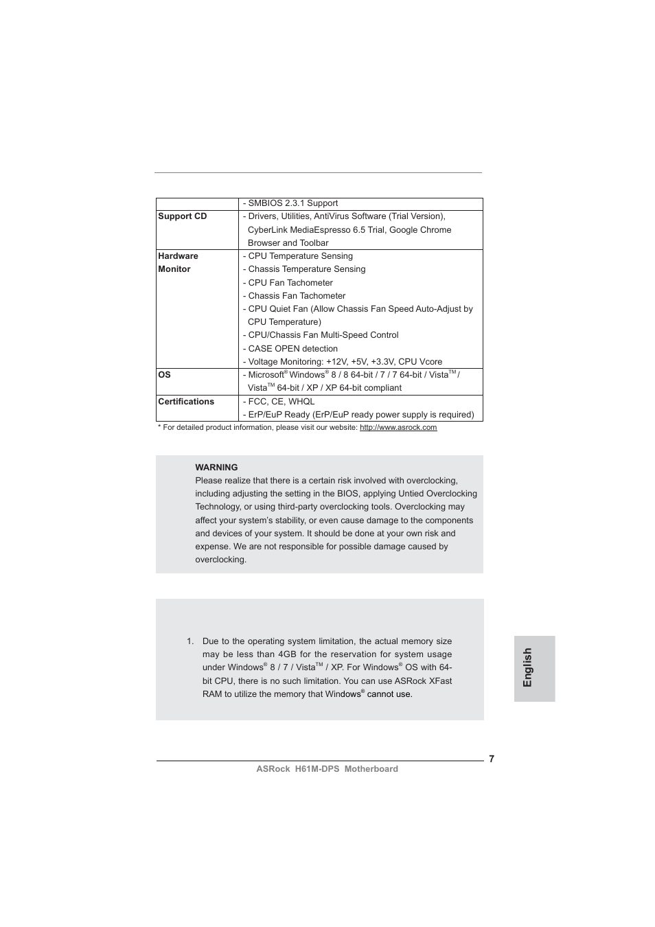 Caution, English | ASRock H61M-DPS User Manual | Page 7 / 51